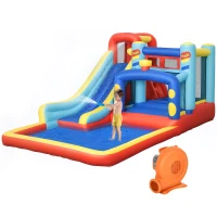 Qaba 14.3 x 8FT Inflatable Bounce House, 4 in 1 Bouncy Castle with Slide, Climbing Wall, Jumping Area, Pool and Blower(m-10)