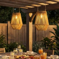 Outsunny 2 Pack Wicker Solar Lanterns Outdoor Waterproof Hanging Lights with Auto On/Off and Handles, Brown(m-10)