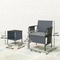 Outsunny 3 Piece Wicker Patio Furniture Set, Outdoor Bistro Set, Side Pockets, Mesh Seat, 2 Tier Glass Table, Cushions, Grey(m-3)