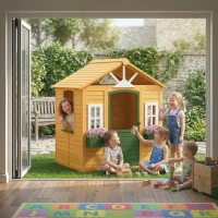 Qaba Outdoor Playhouse, Wooden Kids Playhouse with Door, 3 Windows, 2 Flower Boxes for Garden, Indoor Playroom, Ages 3–8(m-8)
