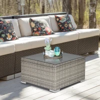 Outsunny Rattan Garden Coffee Table, 25.6" Square Garden Rattan Table with Tempered Glass Top, Grey(m-1)