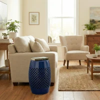 Outsunny 12" Steel Patio End Table, Round Hollow Drum Side Table, Accent Table for Indoor and Outdoor, Navy Blue(m-9)