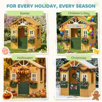Qaba Outdoor Playhouse, Wooden Kids Playhouse with Door, 3 Windows, 2 Flower Boxes for Garden, Indoor Playroom, Ages 3–8(m-10)