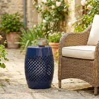 Outsunny 12" Steel Patio End Table, Round Hollow Drum Side Table, Accent Table for Indoor and Outdoor, Navy Blue(m-7)