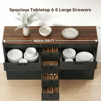 HOMCOM Sideboard Buffet Cabinet, 55" Farmhouse Kitchen Cabinet with 4 Barn Doors, 6 Drawers and 2 Adjustable Shelves, Black(m-5)