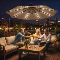 Outsunny 9.7 ft Cantilever Patio Umbrella with Solar Light, Garden Hanging Parasol with Cover, Tilt, Crank, Khaki(m-1)