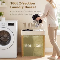 HOMCOM Double Laundry Basket with Lid, 100L Bamboo Laundry Hamper with Rope Handles and Removable Bags, Brown(m-4)