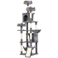 PawHut 76" Large Cat Tree for Indoor Cats with 8 Scratching Posts, 3 Plush Beds, 2 Hammocks, 2 Large Condos, Ramp, Dark Grey(m-2)