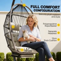 Outsunny Outdoor Hanging Egg Chair with Retractable Footrest Swing Chair with Metal Stand Light Grey(m-6)