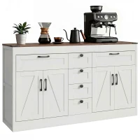 HOMCOM Sideboard Buffet Cabinet, 55" Farmhouse Kitchen Cabinet with 4 Barn Doors, 6 Drawers and 2 Adjustable Shelves, White(m-11)