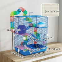 PawHut 5 Tiers Hamster Cage Portable with Exercise Wheels Play Tube Water Bottle Dishes House Ladder for Gerbils, Dark Blue(m-3)