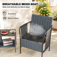 Outsunny 3 Piece Wicker Patio Furniture Set, Outdoor Bistro Set, Side Pockets, Mesh Seat, 2 Tier Glass Table, Cushions, Grey(m-6)