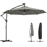 Outsunny 9.7 ft Cantilever Patio Umbrella with Solar Light, Garden Hanging Parasol with Cover, Tilt, Crank, Grey(m-2)