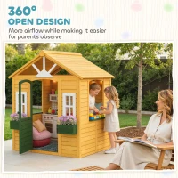 Qaba Outdoor Playhouse, Wooden Kids Playhouse with Door, 3 Windows, 2 Flower Boxes for Garden, Indoor Playroom, Ages 3–8(m-7)