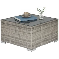 Outsunny Rattan Garden Coffee Table, 25.6" Square Garden Rattan Table with Tempered Glass Top, Grey(m-11)