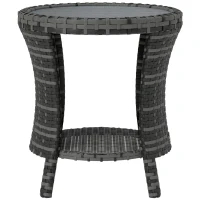 Outsunny 18" Wicker Outdoor Coffee Table, PE Rattan Patio Side Table with 2-Tier Storage, Composite Wood Top, Grey(m-2)