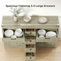 HOMCOM Sideboard Buffet Cabinet, 55" Farmhouse Kitchen Cabinet with 4 Barn Doors, 6 Drawers and 2 Adjustable Shelves, Grey(m-5)