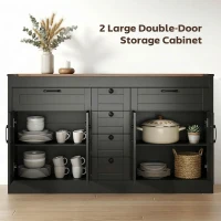 HOMCOM Sideboard Buffet Cabinet, 55" Farmhouse Kitchen Cabinet with 4 Barn Doors, 6 Drawers and 2 Adjustable Shelves, Black(m-4)