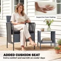 Outsunny 3 Piece Wicker Patio Furniture Set, Outdoor Bistro Set, Side Pockets, Mesh Seat, 2 Tier Glass Table, Cushions, Black(m-7)