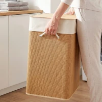 HOMCOM Double Laundry Basket with Lid, 100L Bamboo Laundry Hamper with Rope Handles and Removable Bags, Brown(m-10)