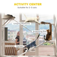 PawHut Outdoor Catio Cat Enclosure, Large Wooden Cat House with 6 Jumping Platforms, Scratching Post, 2 Ramps, for 2-3 Kittens(m-5)