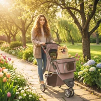 PawHut 3 Wheels Foldable Dog Stroller with Storage Basket, Adjustable Canopy, Cupholder for Miniature and Small Dogs, Coffee(m-1)