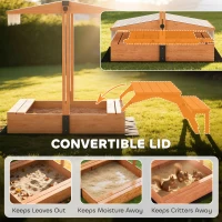 Qaba Kids Sandbox with Canopy, Wooden Sand Box with Foldable Picnic Table, Bench Seats, Liner, Cover, Gift for Ages 3-8(m-6)