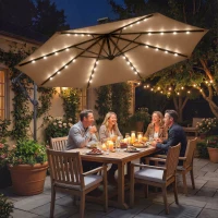 Outsunny 9.7 ft Cantilever Patio Umbrella with Solar Light, Garden Hanging Parasol with Cover, Tilt, Crank, Khaki(m-8)
