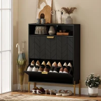 HOMCOM Shoe Cabinet with 2 Flip Drawers, Modern Narrow Shoe Storage Cabinet with Open Compartment, Adjustable Shelves, Black(m-1)