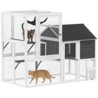 PawHut Catio Outdoor Cat Enclosure, 63" L Large Cat House with 4-Way Adjustable Door, Private House, Hammock, 2 Platforms(m-11)