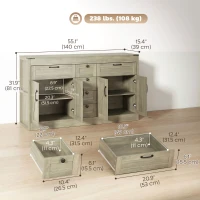 HOMCOM Sideboard Buffet Cabinet, 55" Farmhouse Kitchen Cabinet with 4 Barn Doors, 6 Drawers and 2 Adjustable Shelves, Grey(m-3)