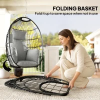 Outsunny Hanging Egg Chair Without Stand, Foldable Basket Swing Chair with Head Pillow, Soft Cushion and Cup Holder, Dark Grey(m-5)