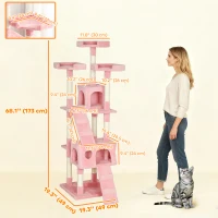 PawHut 68-inch Multi-Level Cat Scratching Tree Kitty Activity Center Post Tower Condo Pet Furniture w/ Toy Pink(m-3)
