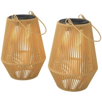 Outsunny 2 Pack Wicker Solar Lanterns Outdoor Waterproof Hanging Lights with Auto On/Off and Handles, Brown(m-2)