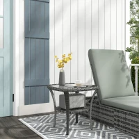 Outsunny Outdoor Coffee Table with Storage Shelf, Hand-Woven Wicker Side Table with Water-Ripple Glass Top, Mix Grey(m-1)
