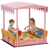 Qaba Wooden Sandbox with Cover, Kids Sandbox Outdoor with Seat, Bottom Liner, Canopy for Ages 3-6, Flamingos Print, Pink(m-11)
