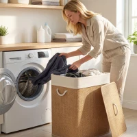 HOMCOM Double Laundry Basket with Lid, 100L Bamboo Laundry Hamper with Rope Handles and Removable Bags, Brown(m-9)