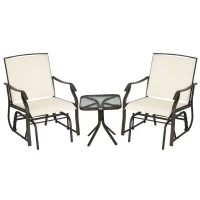 Outsunny 3 Piece Outdoor Glider Chair with Coffee Table Bistro Set, 2 Patio Rocking Swing Chairs with Breathable Sling Fabric, Glass Tabletop, for Backyard, Garden and Porch, Cream White(m-11)