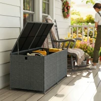 Outsunny 162 Gallon Rattan Deck Box with Wheels, Wicker Outdoor Storage Box with Waterproof Zippered Liner, Safe Pneumatic Rod(m-8)