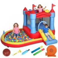 Qaba Bouncy Castle for Kids, Inflatable Bounce House with Slide, Pool/Ball Pit, Basketball Hoop and Blower for Indoor Outdoor(m-11)