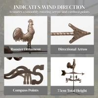 Outsunny Metal Rooster Weathervane, Roof Mount Wind Direction Indicator, Outdoor Weather Vanes(m-8)