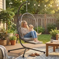 Outsunny Outdoor Hanging Egg Chair with Retractable Footrest Swing Chair with Metal Stand Light Grey(m-1)