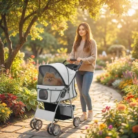 PawHut Pet Stroller for Dogs & Cats, Foldable Dog Stroller with Wheels, Reflective Strips, Brake, Pad and Basket, Grey(m-1)