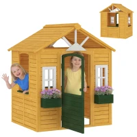 Qaba Outdoor Playhouse, Wooden Kids Playhouse with Door, 3 Windows, 2 Flower Boxes for Garden, Indoor Playroom, Ages 3–8(m-11)