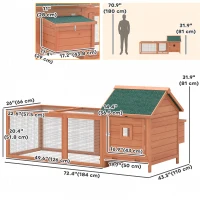 PawHut 72" Chicken Coop, Wooden Hen House for 2 Chickens, Poultry Cage with Run, Nesting Box, Removable Tray, Waterproof Roof(m-3)