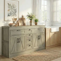 HOMCOM Sideboard Buffet Cabinet, 55" Farmhouse Kitchen Cabinet with 4 Barn Doors, 6 Drawers and 2 Adjustable Shelves, Grey(m-10)