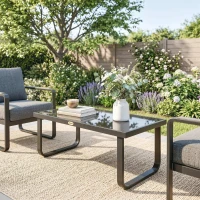 Outsunny Outdoor Patio Coffee Table, Rectangle Metal Side Table with Tempered Glass Tabletop, Adjustable Foot Pads(m-7)