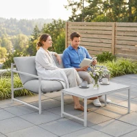 Outsunny 2 Piece Patio Furniture Set, Outdoor Loveseat Sofa Set with Thick Cushions and Coffee Table for Porch Garden, Light Grey(m-10)