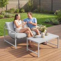Outsunny 2 Piece Patio Furniture Set, Outdoor Loveseat Sofa Set with Thick Cushions and Coffee Table for Porch Garden, Light Grey(m-1)