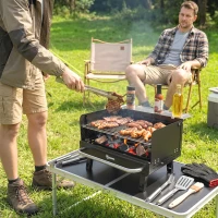 Outsunny Charcoal BBQ Grill, Portable Barbecue Grill with Adjustable Grates, Foldable Legs, Side Shelf for Camping Travel, Black(m-8)